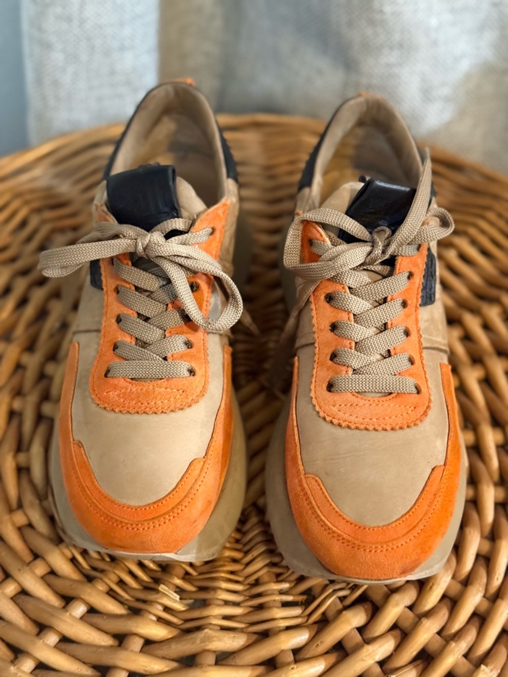 Platform Suede Lace-Up Sneakers in Orange and Tan with Leopard Accent